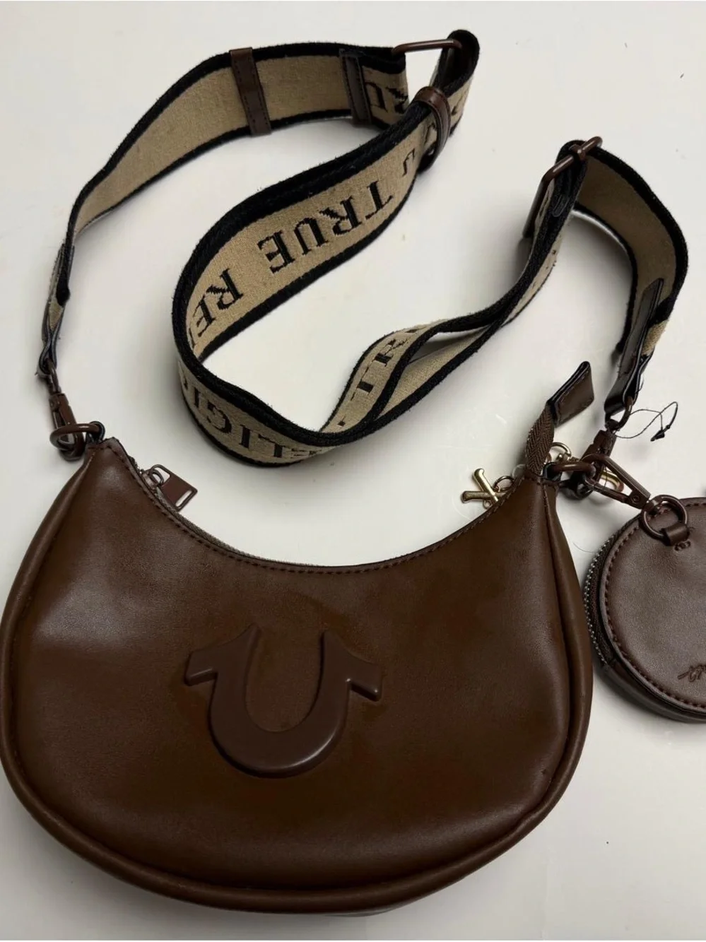 True religion Brown Leather Crescent Crossbody Bag with Detachable Strap